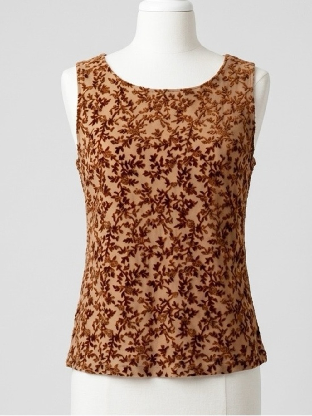 90s Y2K Rave Velvet Flocked Floral Mesh Tank Top Brown Size Large Made in USA